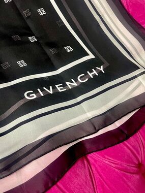 Givenchy Black and White Logo Border Silk Scarf
